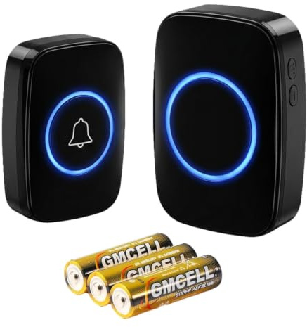 Timbre Inalámbrico con Pilas Exterior Interior Impermeable IP44 | 300M Alcance Kit de Timbre Casa, 5 Niveles de Volumen(0-110dB) y 60 Melodías, para Hogar/Hotel/Oficina/Emergencia, etc