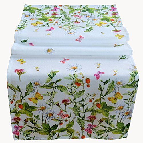 Raebel Tischläufer 40 x 140 cm Tischdecke Ostern Tischdeko weiß mit bunten Blumen und Schmetterlingen