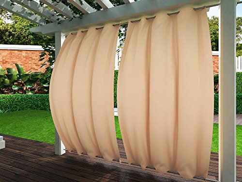 Clothink Outdoor Vorhänge Wasserfest Sonnenschutz Winddicht Rostfrei Schnelltrocknend mit Ösen für Terrasse Garten Balkon Familienhaushalte einfache Montage farbecht haltbar(132x245cm, 1 Stück, Beige)