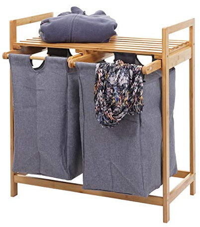 Wäschesammler HWC-B83, Laundry Wäschesortierer Wäschekorb Wäschebehälter, Bambus 2 Fächer 74x64x33cm 70l - dunkelgrau