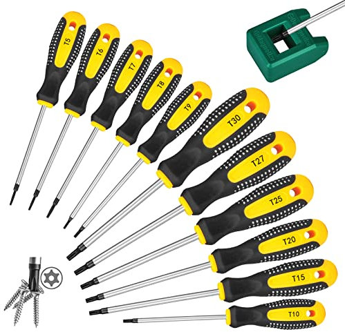 Hakkin Torx Screwdriver Sets 11Pcs Magnetic Torx Screwdriver Tamper Proof Security Torx Star Bits Premium Cr-V Steel Heavy Duty Precision Screwdriver for Household Repair Ring Doorbell Computer T5-T30