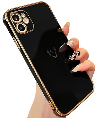 ZTOFERA Kompatibel mit iPhone 11 Hülle mit Herz Muster, Silikon Handyhülle iPhone 11 für Mädchen, Cute Liebesherz Silikonhülle Goldener Rahmen Flexibel Weiche Bumper Stoßfest Schutzhülle, Schwarz