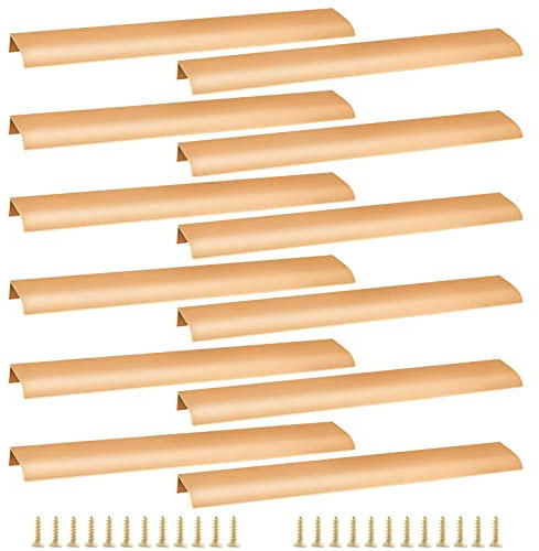 Cjueiom 12 Stück verdeckte Küchenschrankgriffe, 256 mm Loch in der Mitte, versteckte Schubladengriffe, Fingerkante, aus Aluminium, unsichtbarer Türknauf für Kleiderschrank (300 mm Gesamtlänge, Gold)