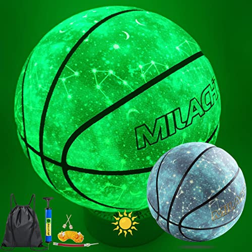 MILACHIC Basketball, leuchtet im Dunkeln, 29,5 cm, leuchtende Sternbilder, Leder-Basketball, Geschenk für Jungen, Mädchen, Männer, Frauen, Indoor-Outdoor, Nacht-Basketbälle