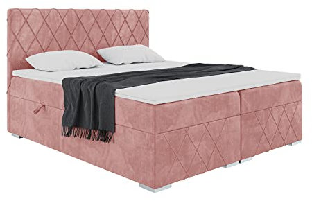 MEBLINI Boxspringbett mit Bettkasten - Gepolstert Doppelbett mit Matratze und Topper - Polsterbett mit Stauraum - Bett mit Kopfteil - Stauraumbett - ROYAL - 140x200 - H4/Rosa Samt
