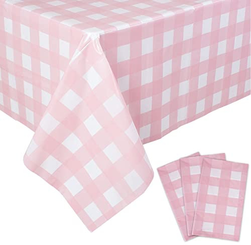 Kesfey 3 Pack de nappes en Plastique Vichy Rose 54x108in, nappes rectangulaires à Carreaux jetables Couvertures de Table imperméables et Anti-éclaboussures pour Les Fournitures de fête