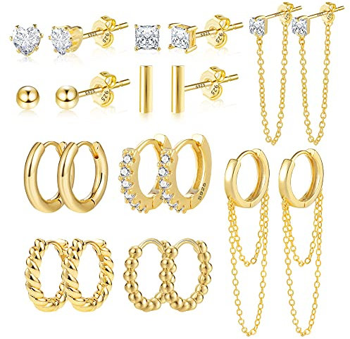 ALEXCRAFT Ohrstecker Gold Set Ohrringe Silber 925 Creolen Klein Ohrringe Gold Set Goldene Ohrringe Damen Ohrringe Set Für Mehrere Ohrlöcher Zirconia Gold Earrings for Women