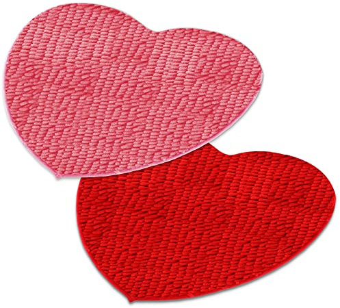 Riakrum 2 Stück Valentinstag Herz Teppich Badematte Valentinstag Herzförmige Fußmatte Badezimmer Herzmatte Herzbereich Teppich Set für Dusche Schlafzimmer Küche geformte Dekor, 20x24 Zoll (Rosa, Rot)