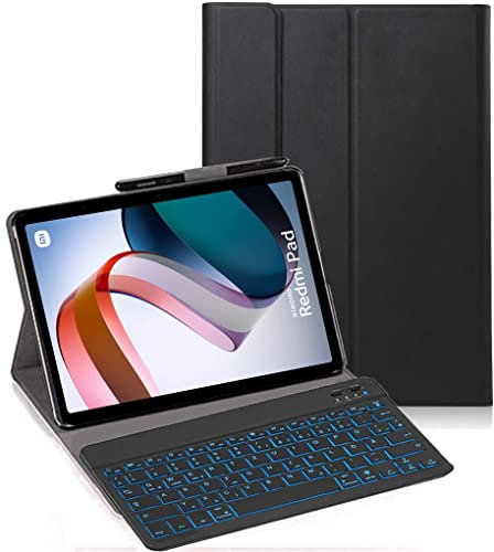 YHFZR Funda con teclado para Xiaomi Redmi Pad de 10,61 pulgadas, [QWERTZ alemán] funda delgada con iluminación de 7 colores teclado inalámbrico con funda protectora para Xiaomi Redmi Pad 10,61