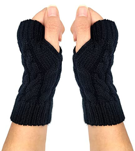 Qiuyan Fashion Warm Soft Comfortable Wrist Gloves Winter Fingerless Hand Warmers Women Girls Stylish Arm Gloves Mitten Knit Crochet Arm Warmers with Thumb Hole for Work Outdoor Gifts (Black)