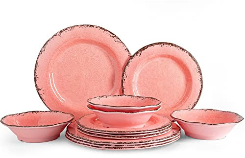 LEHAHA Set di stoviglie in melamina, set di stoviglie da fattoria, set di piatti da campeggio, senza BPA e leggero, resistente set di piatti e ciotole per esterni, servizio per 4 (12 pezzi), (rosa)