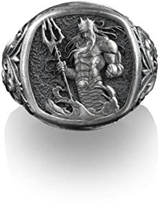 Bysilverstone Jewelry – Poseidon Mit Dreizack, Quadratischer Siegelring, Antiker Griechischer Gott Des Meeres, Herrenringe Aus Sterlingsilber, Ringe Für Den Kleinen Finger Für Damen, Klobiger Biker-Ri