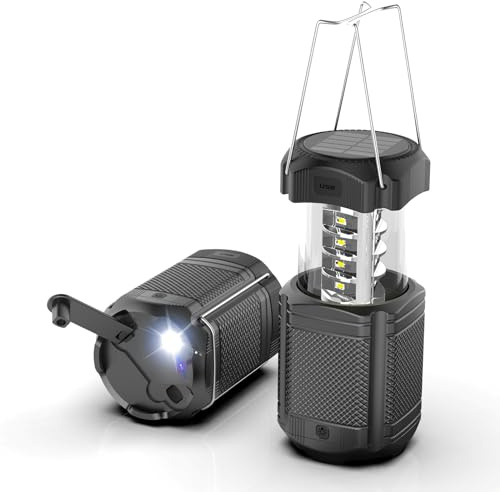 Linterna de camping de 5000 mAh con manivela solar telescópica LED, cargador USB para cortes de energía, linterna portátil recargable que funciona con pilas, accesorios de equipo de camping (negro)