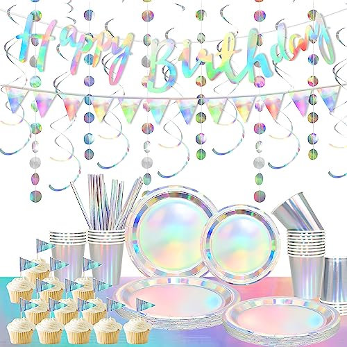 Iridescent Party Supplies -Include Happy Birthday Banner, Plates, Straws, Napkins, Circle Garlands, Hanging Swirl, Cake Toppers, Cups, for Birthday Party Wedding Holiday Decorations Service 20 Guests