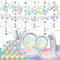 Iridescent Party Supplies -Include Happy Birthday Banner, Plates, Straws, Napkins, Circle Garlands, Hanging Swirl, Cake Toppers, Cups, for Birthday Party Wedding Holiday Decorations Service 20 Guests