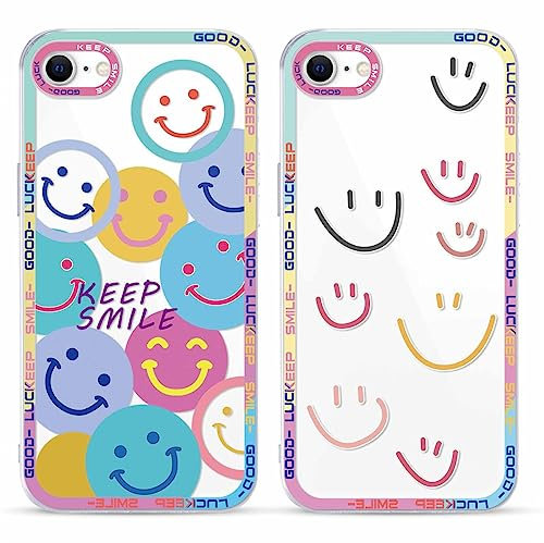 Yoedge 2 Stück Happy Smiley Face HandyHülle für iPhone 8/7 / SE 2022 / SE 2020 Hülle 4,7, Transparent Smile Gesicht Niedliches Muster Design Aesthetic Case Schutzhülle für iPhone SE 3 Mädchen Cover