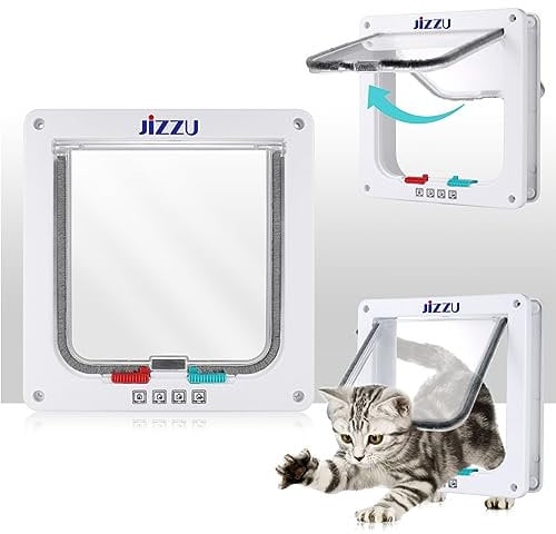 JIZZU Cat Flap Door, 4 Way Locking Large Cat Flaps for Upvc Door, Easy Installation Pet Door for Interior Exterior Doors, Pet Flap for Cats Doggie with Circumference < 21(L - Outer Size 9.8 x 9.2)