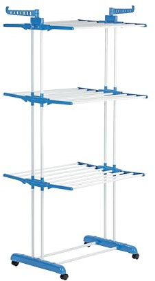 EASYmaxx Torre de lavandería | Tendedero con Ruedas, 16 m de Longitud de Secado y 3 estantes | 2 alas Laterales para 14 Perchas | Secado Interior y Exterior sin Electricidad | Abierto 126x63x172cm