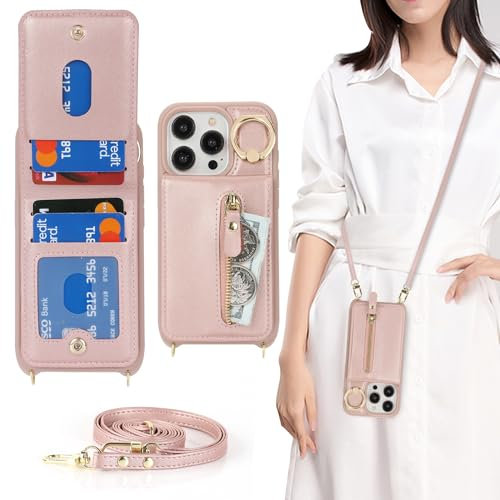 Zouzt for iPhone 15 Pro Case with Cord and Card Holde, Zipper Wallet Case with Crossbody Lanyard Ring Adjustable Necklace Protective Cover Women for iPhone 15 Pro 6.1 Inch - Rose Gold