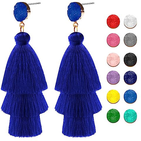 Boho Quasten Ohrringe,Quasten Anhänger Blau,Böhmische Kaskadierende Quastenohrringe Damen - Navy