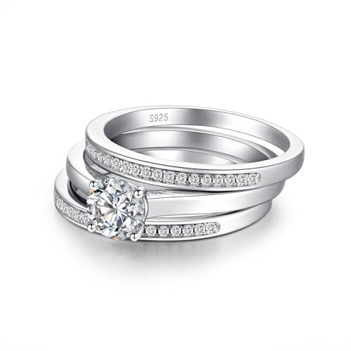 Jiamiaoi Damen Ring Set Silber 925 Größe 49 - Weißgold Diamant Hochzeit Verlobungsring Eheringe - Breiter Zirkonia Ring