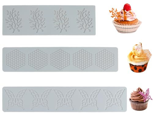 3 Pezzi Tappetini Pizzo in Silicone, Tappetino Stampo Stampi in Silicone per Decorazioni di Torte Fondente, Design Farfalla, Foglia e Nido d'Ape, Resistente da -40°C a +230°C per Forno e Lavastoviglie