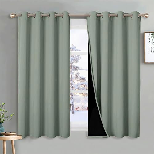 PONY DANCE 100% Blackout Curtains with Liner - Double-Layer Thermal Insulated 52x63 Inch Bedroom Curtains, Energy Saving & Noise Reducing, Sage Green Eyelet Window Drapes (Set of 2 Panels)