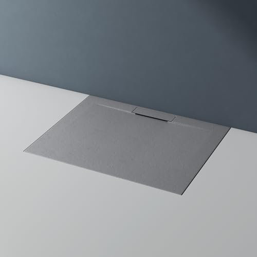 doporro Duschtasse Duschwanne 80x100cm flach aus Mineralguss in Beton Grau Rechteckig DIN-Anschlüsse für bodenebene Montage geeignet Lyra inkl. Ablaufgarnitur