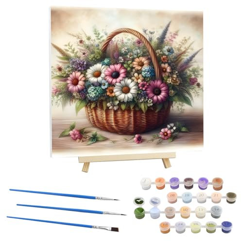 EOBROMD Peinture par Numero Adulte Panier à Fleurs,Kit de Peinture à l'huile sur Toile Bricolage avec Cadre en Bois et Chevalet, Peinture Sans Plis Toile pour Décoration de la Maison 30x30cm