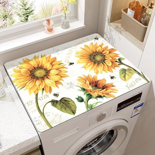 Treer Washer and Dryer Top Protector Mat, Washer and Dryer Covers Protector, Washing Machine Cover Absorbent Drying Diatomaceous Mat for Home Kitchen Laundry Room (60x60cm,Sunflower)