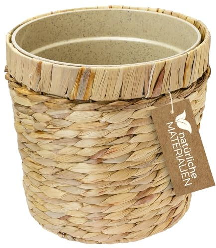 HMF Innovativer Blumentopf geflochten aus Wasserhyazinthe, mit Pflanztopf aus nachhaltigen Rohstoffen, Rund | 25 cm Durchmesser