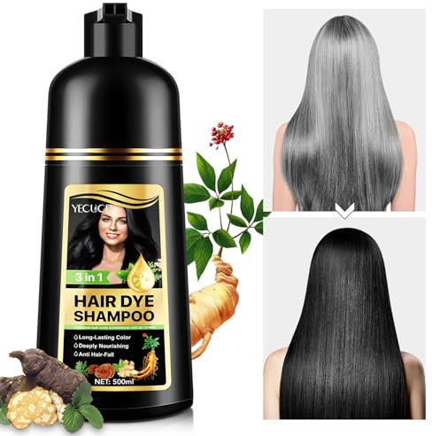 Hair Dye Shampoo for Grey Hair, Hair Colour Shampoo for Men and Women, 3-in-1 pflanzliche Haarfärbe-Shampoo, Haarfärbemittel in wenigen Minuten für einen natürlichen Look (01-Black, 500ml)