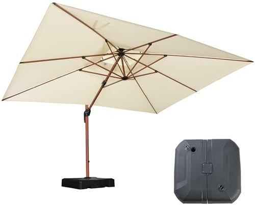 PURPLE LEAF Parasol Déporté 3 x 4 m Rectangulaire avec pieds de Parasol, Aspect du Teck en Aluminium, Parasol de Jardin Extérieur à Toit Double Rotatif 360°, Pour Terrasses, Restaurants, Patio, Crème