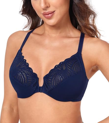 Curyon Reggiseno con Ferretto da Donna con Chiusura Frontale, Taglie Grandi, Senza Imbottitura, Chiusura Frontale, Dorso a Vogatore, Motivo Floreale, Pizzo, Coppe Intere Blu 5E