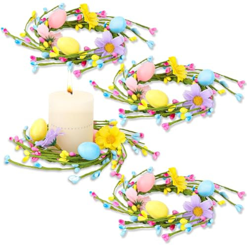 MARFOREVER Ostern Kerzenringe, 4 Stück Ostern Eukalyptus Kerzenkranz Künstliche Frühlingskranz Osterkranz Kerzen Kranz Tisch Kerzenkranz Kerzenhalter für Osterdeko Tischdeko Landhaus Deko