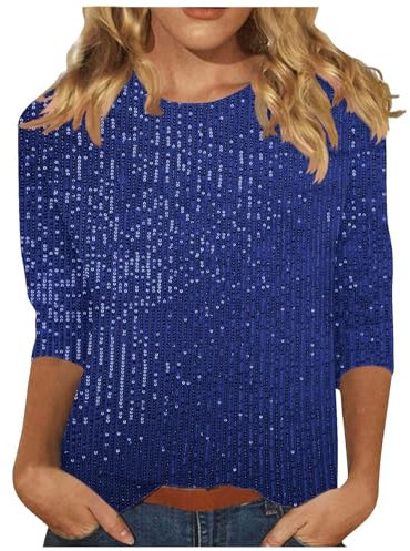 Pailletten Oberteil Damen 3/4 Arm Pailletten Glitzerbluse Shirt Glitzer Damen Moden Off Shoulder Glitzer Pullover Damen Pullover Fashion Damen Pullover Elegant Mit Glitzer Tshirt Damen(3-Blue,M)