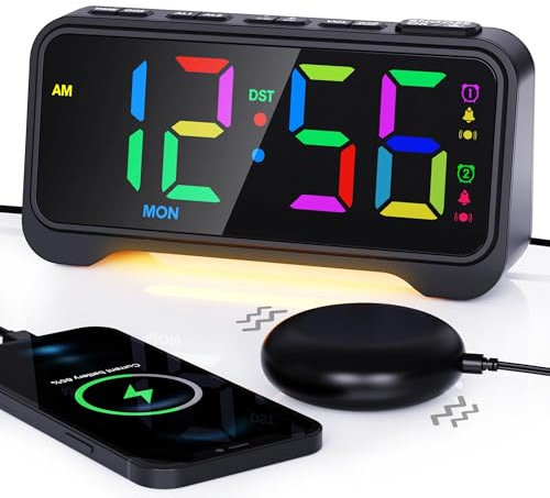 ROCAM Vibrationswecker mit Lautem Alarm, RGB Digitaler Wecker für Tiefschläfer & Gehörlose, Großes Display mit Wochentag, Doppelalarm, Einstellbare Lautstärke & Helligkeit, USB, Nachtlicht, 12/24H,DST