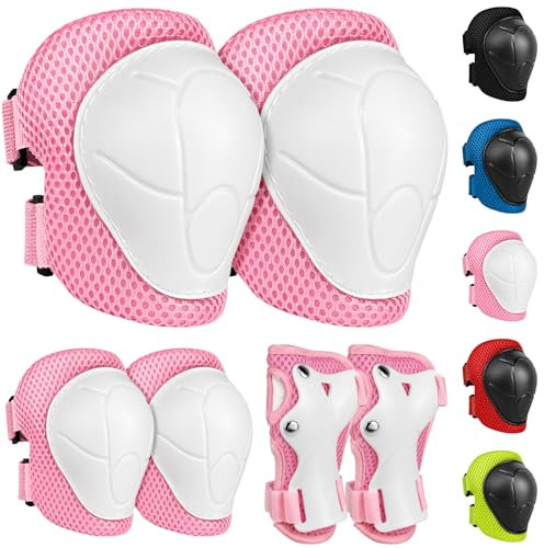 LeapBeast Knieschoner Kinder,Knieschoner,Ellbogenschützer und Handgelenkschützer,Skate Protektoren,Schonerset 6er Protektoren Schützer Set,Verstellbar für Skaten RollerSkateboard (rosa-weiß, S)