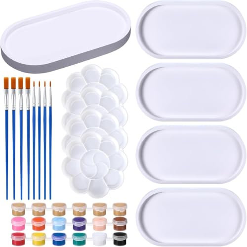 Suoumwa Ensemble de 4 Plateaux à en Céramique à Peindre, Prêts à Être Peints. Kit de Support pour Vos Propres Créations Céramiques avec Pinceau et Palette pour Adultes.