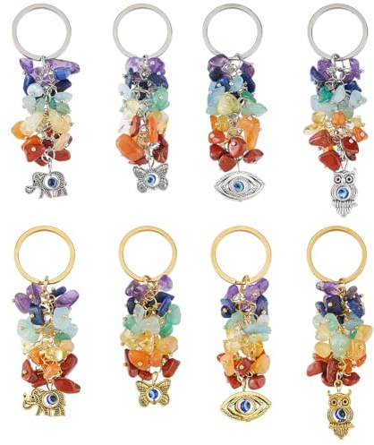 SUPERFINDINGS 8 Stück 7 Farben Natürlicher Edelstein Chip Bead Schlüsselanhänger Kristallstein Anhänger Schlüsselanhänger Herzanhänger Schlüsselanhänger Chakra Mit 2 Farben Ringen 7.8~8.9cm