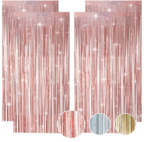 4 Pack Rose Gold Foil Curtain, Fringe Rose Gold Glitter Tinsel Curtains Backdrop for Pastel Party Decorations Birthday Girl Hen Party, Birthday Decoration for Women Wedding Holiday Backdrop(3.3x8.2ft)