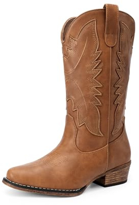 DREAM PAIRS Cowboy Boots for Women Cowgirl Western Mid Calf Boots Snip Toe Embroidered Stitched Low Chunky Heel Pull On Fashion Boots,Size 6,Tan,SDMB25005W-2