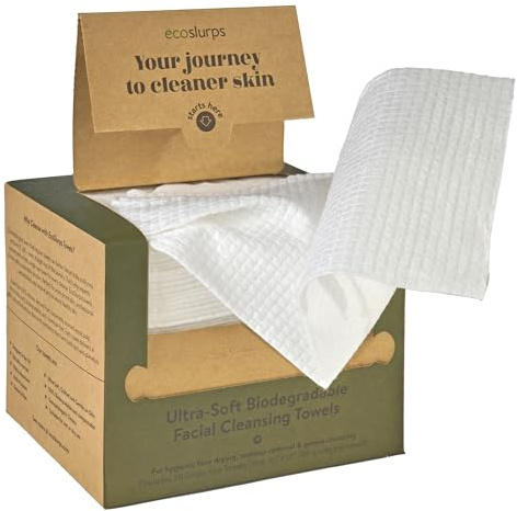 EcoSlurps Biodegradable Face Towels 10x8 inch, XL Ultra Soft & Thick Disposable Cloths for Makeup Removal & Facial Cleansing, Eco-Friendly Wipes for Sensitive Skin, skincare beauty gift (White, 50)