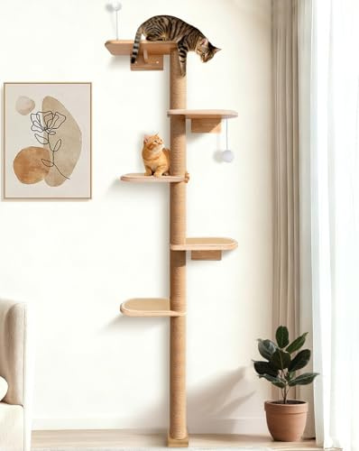 Katzen Wandkratzbaum 210cm, 5 Etagen mit Natursisal | 210cm hoher Katzen Kratzbaum, 5 Ebenen mit natürlichem Sisalseil, platzsparende Wandmontage, ideal zum Klettern und Kratzen
