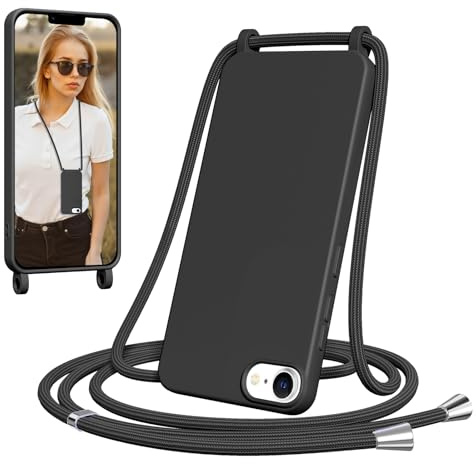 Yxnvixn Crossbody Lanyard Case for iPhone 7, Liquid Silicone Shockproof Protective Mobile Phone Cover with Strap Adjustable Neck Cord Necklace TPU Soft Shell， Black
