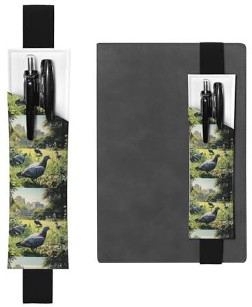 Schwarzes Leder-Stifthalter, Lesezeichen, WZYWHJ Tauben auf dem Gras, bedruckt, hochwertiges PVC-Leder, elastisches Band für Notizbücher, Tagebücher und Planer