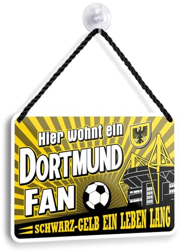 Blechschild Hier wohnt ein Dortmund Fan 18x12cm - Fußball Deko Hängeschild Schwarz Gelb - Fanartikel Türschild - Geschenk für Fußballfans Dortmund Stadion (Fan 1)