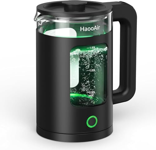 Haooair Electric Kettle 1.5-Liter, Made of Easy-To-Clean Glass Material, Boils Quickly and Silently, BPA-Free, Equipped with a Green LED Light, and Features Dry-Burn Protection.