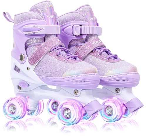 Vleox Kinder Rollschuhe, Verstellbare Quad Skates 4 Size Verstellbare und beleuchtete Rollen Rollschuhe für Mädchen Jungen, Geschenk, Drinnen und Draußen