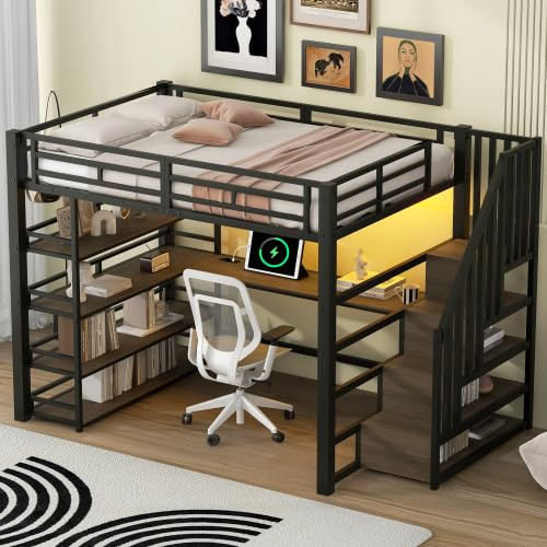 Merax Etagenbett Hochbett aus Eisen mit Treppe, integriertem Schreibtisch, Staufächern, USB-Ladestation und LED-Licht, 140x200 cm, Schwarz – Platzsparendes Design für Jugendzimmer oder Kinderzimmer